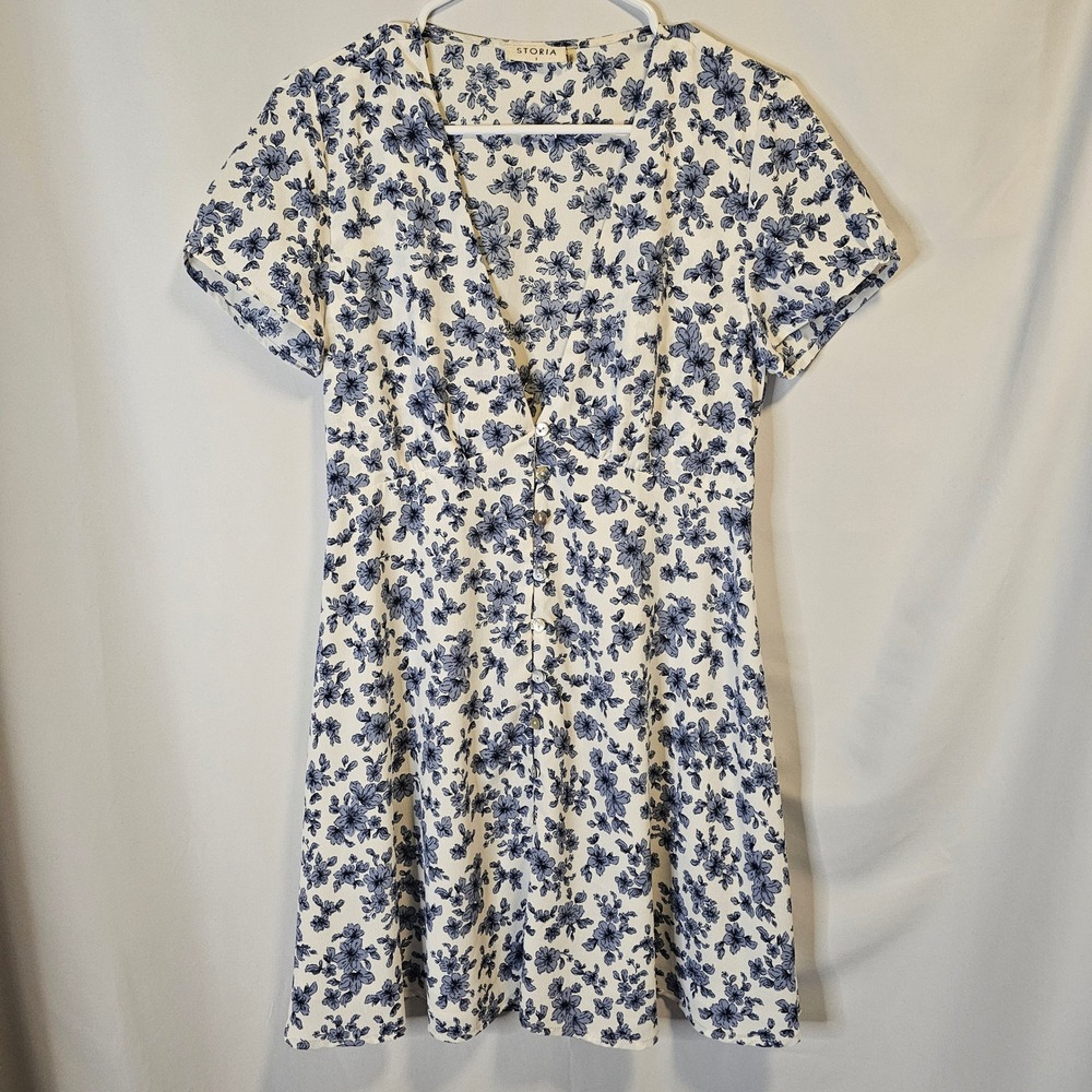 Storia Floral Mini Dress Womens Small Blue Ivory Cottagecore JD1403